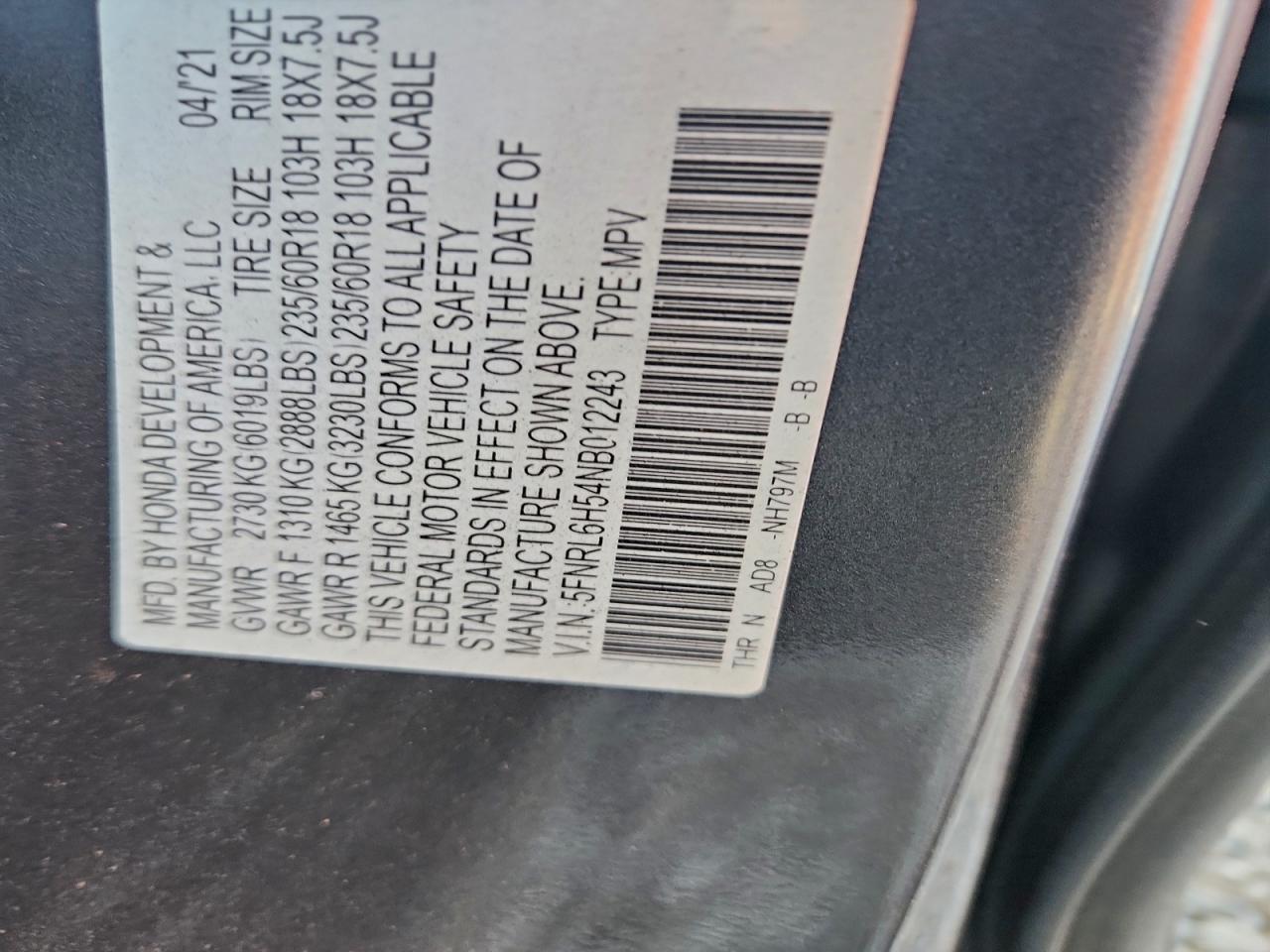 2022 Honda Odyssey Ex VIN: 5FNRL6H54NB012243 Lot: 94490025