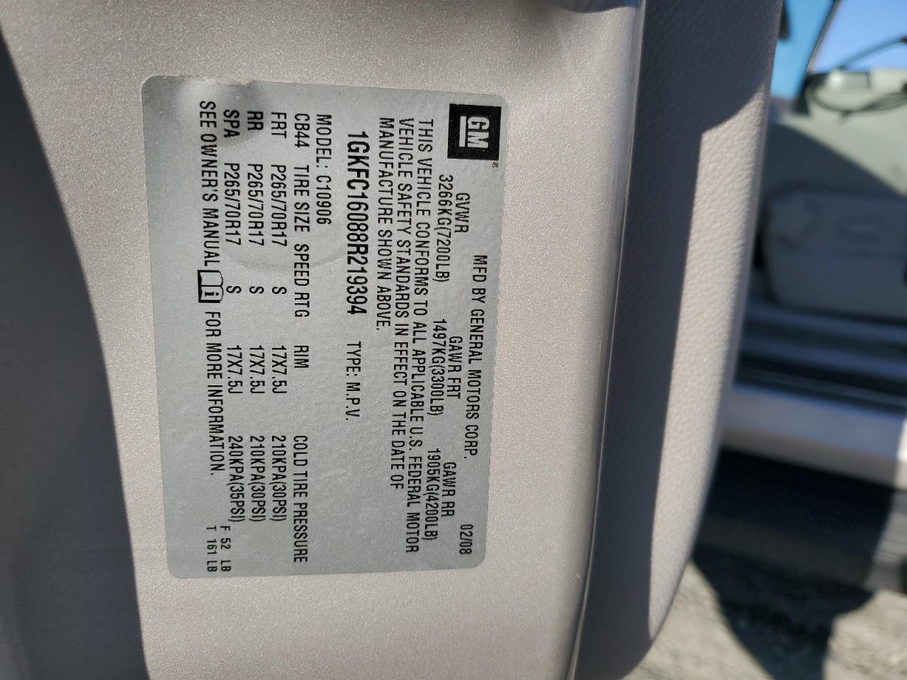 2008 GMC Yukon Xl C1500 VIN: 1GKFC16088R219394 Lot: 92052465