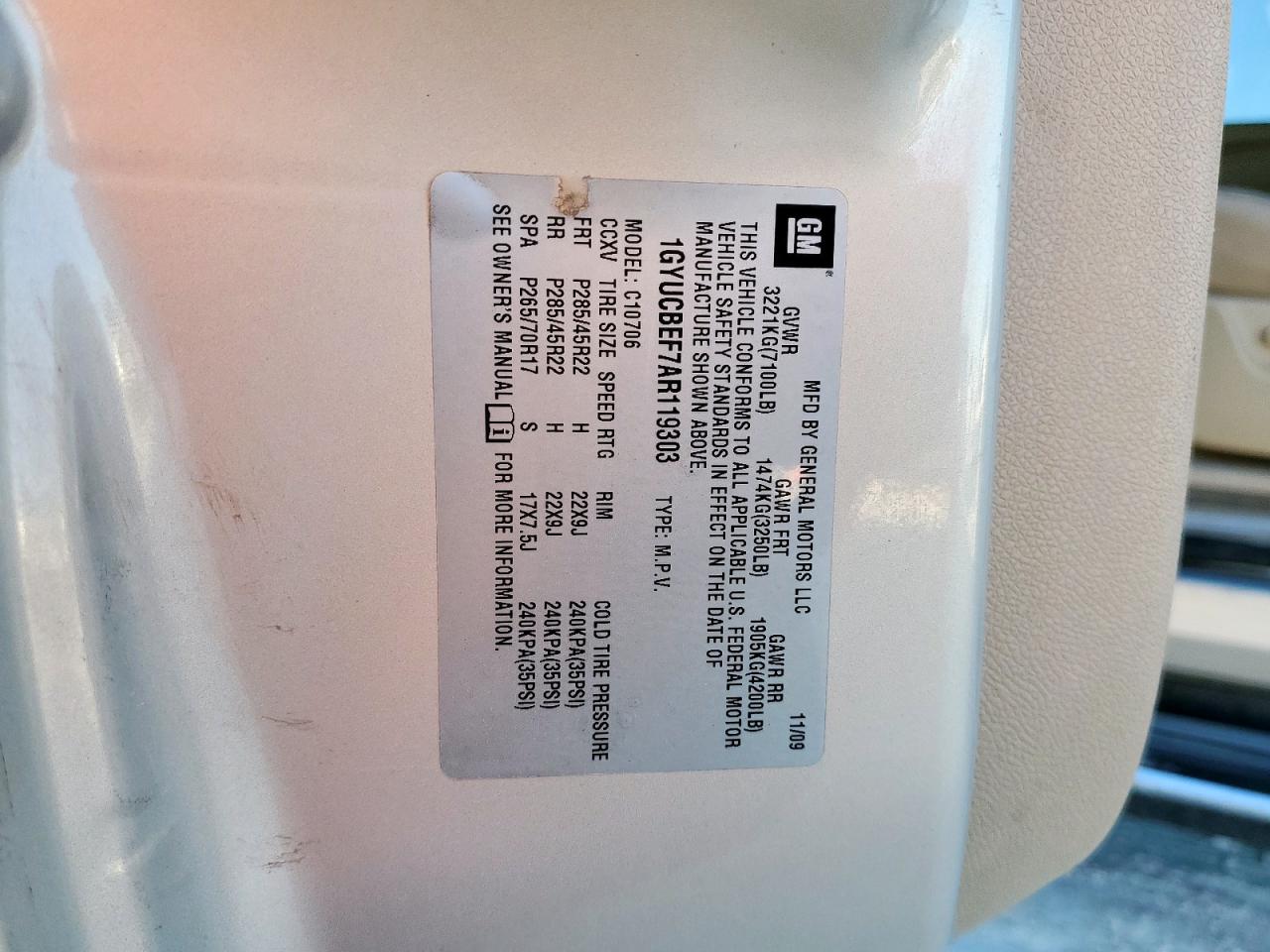 2010 Cadillac Escalade Luxury VIN: 1GYUCBEF7AR119303 Lot: 92087755