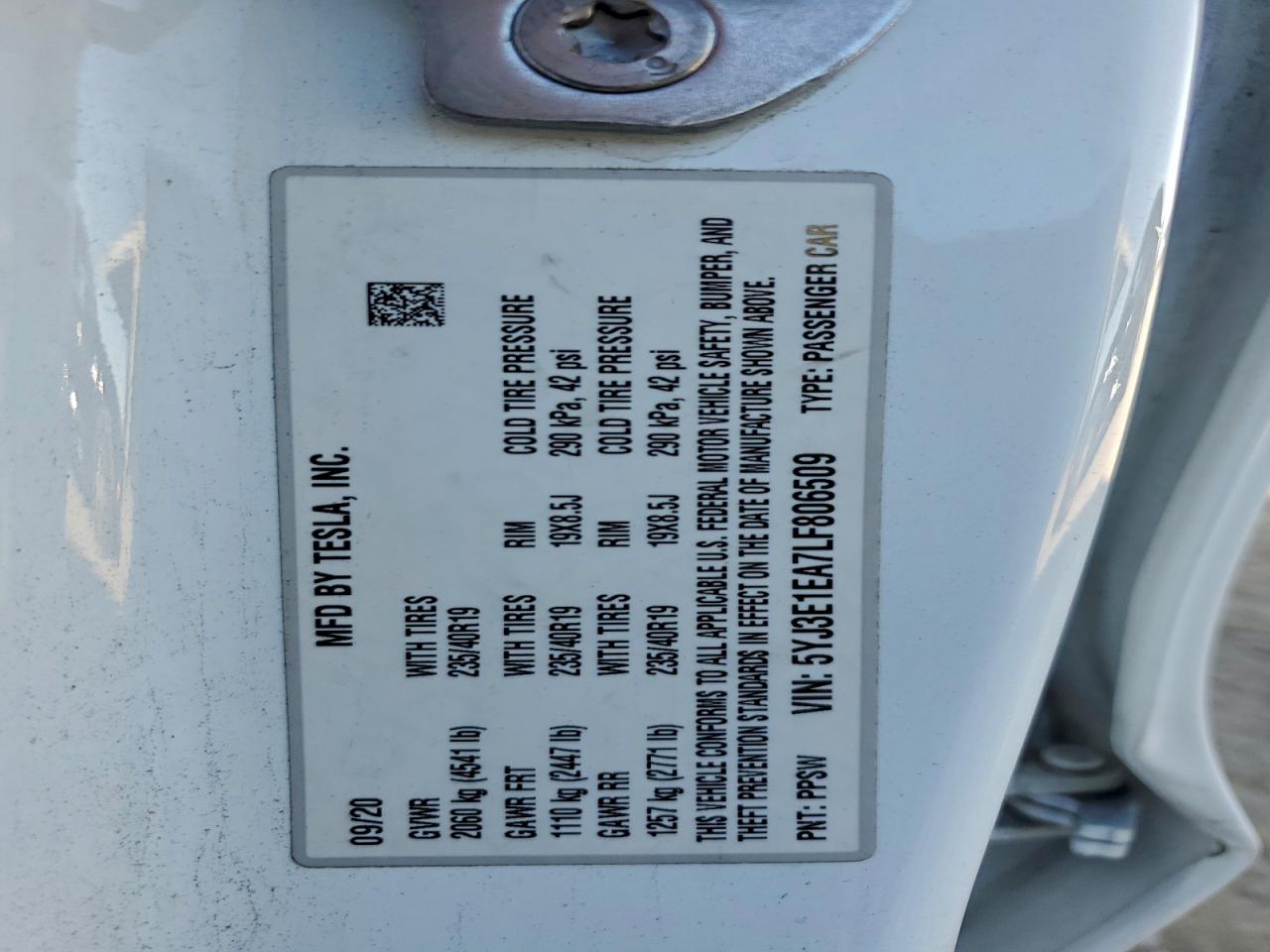 2020 Tesla Model 3 VIN: 5YJ3E1EA7LF806509 Lot: 94577635