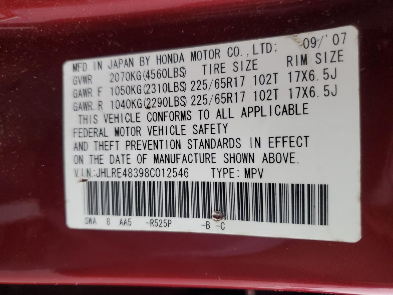 2008 Honda Cr-V Lx VIN: JHLRE48398C012546 Lot: 92005305