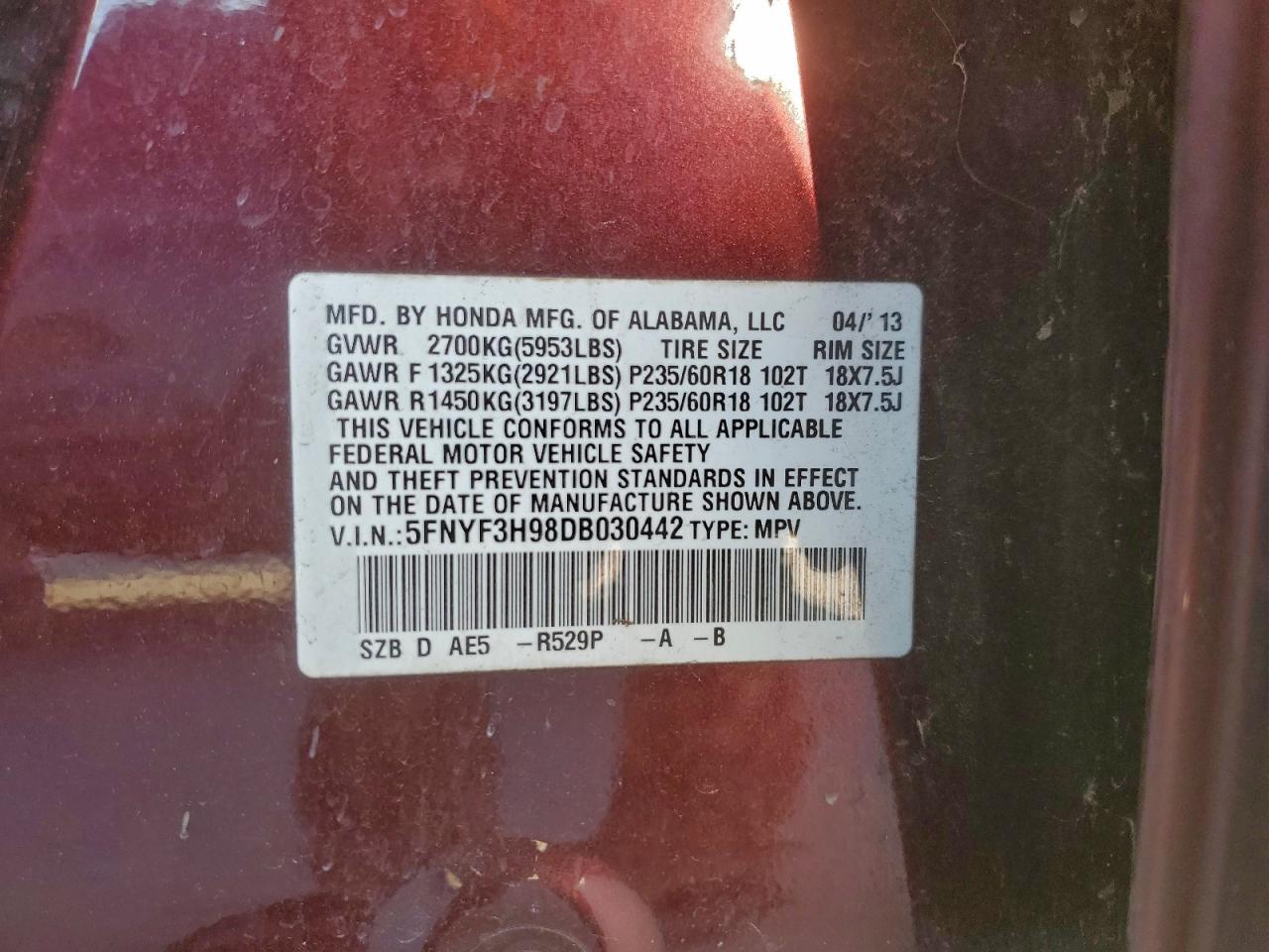 2013 Honda Pilot Touring VIN: 5FNYF3H98DB030442 Lot: 90690505