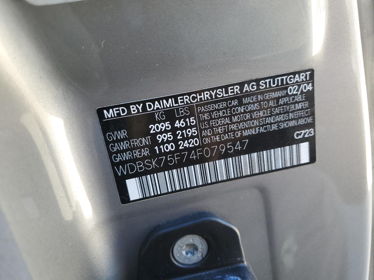 2004 Mercedes-Benz Sl 500 VIN: WDBSK75F74F079547 Lot: 91134225