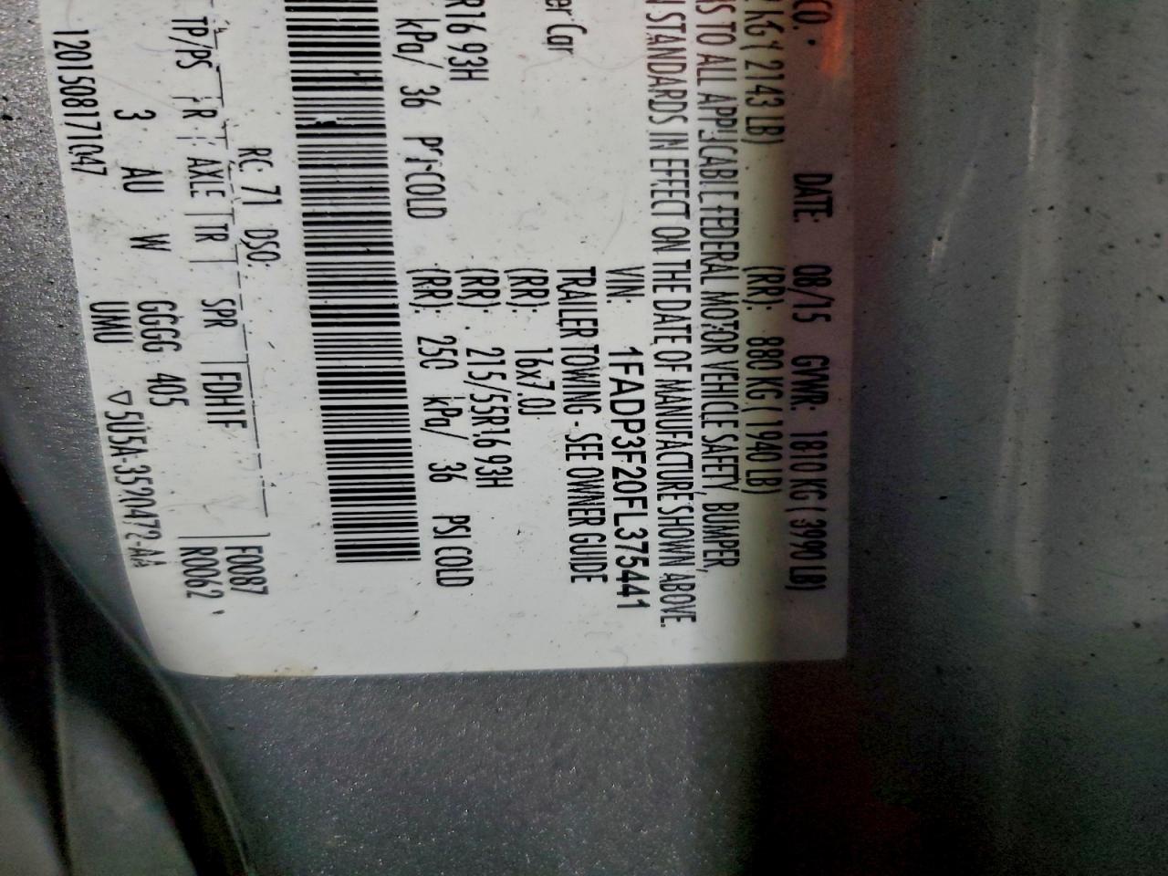 2015 Ford Focus Se VIN: 1FADP3F20FL375441 Lot: 95076145