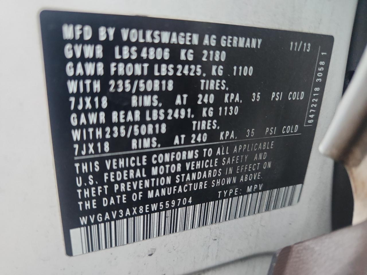 2014 Volkswagen Tiguan S VIN: WVGAV3AX8EW559704 Lot: 91932475