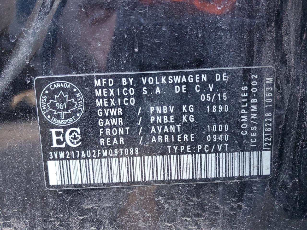 2015 Volkswagen Golf VIN: 3VW217AU2FM097088 Lot: 93569475