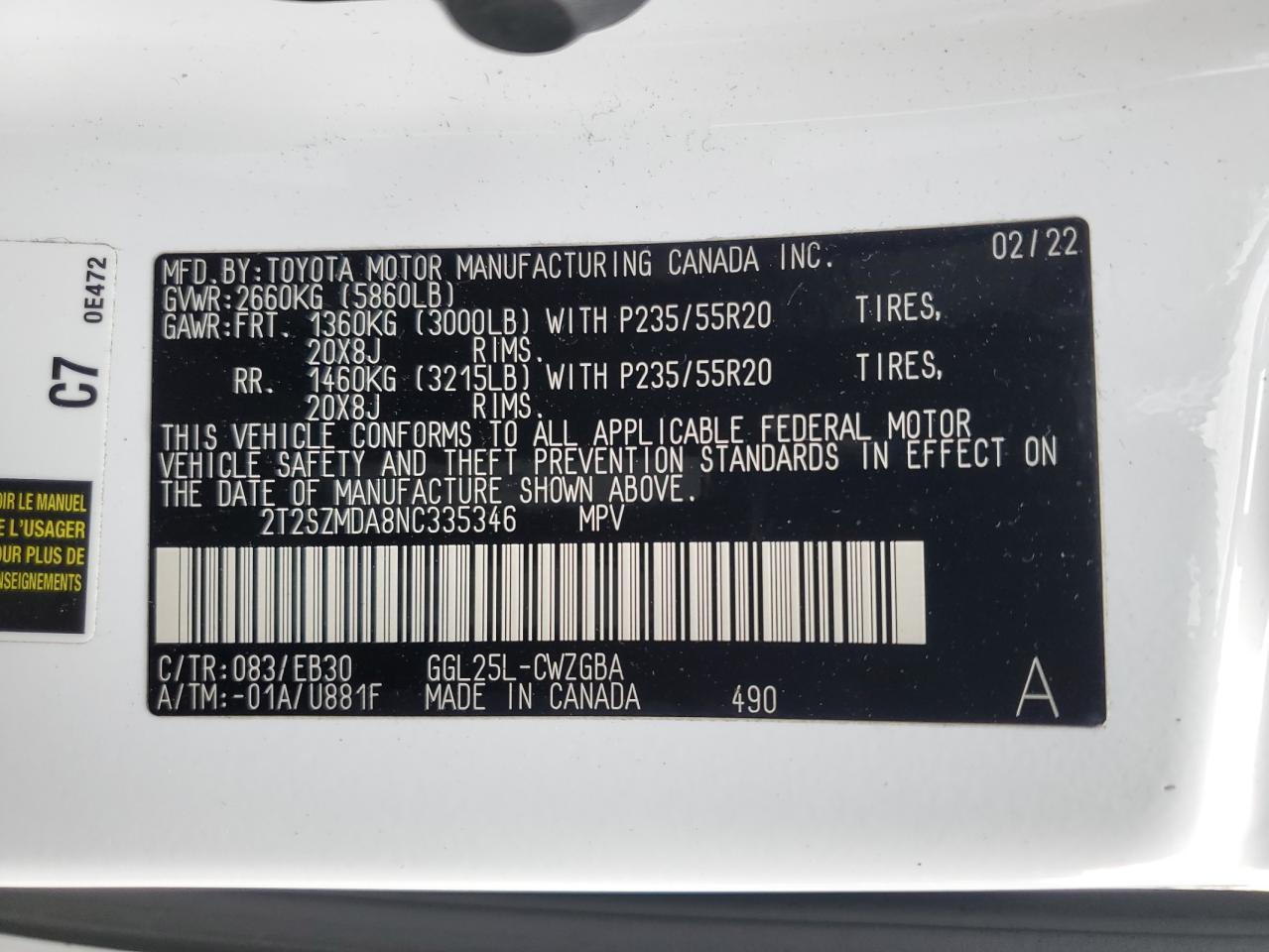 2022 Lexus Rx 350 F Sport VIN: 2T2SZMDA8NC335346 Lot: 92041235