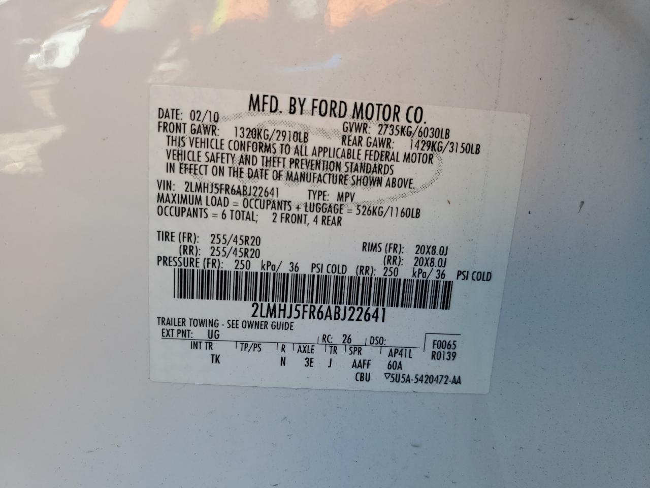 2010 Lincoln Mkt VIN: 2LMHJ5FR6ABJ22641 Lot: 91283745