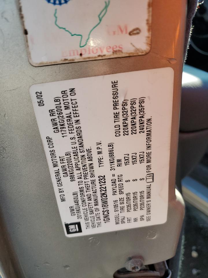 2002 Chevrolet Blazer VIN: 1GNCS18W02K221232 Lot: 87076505