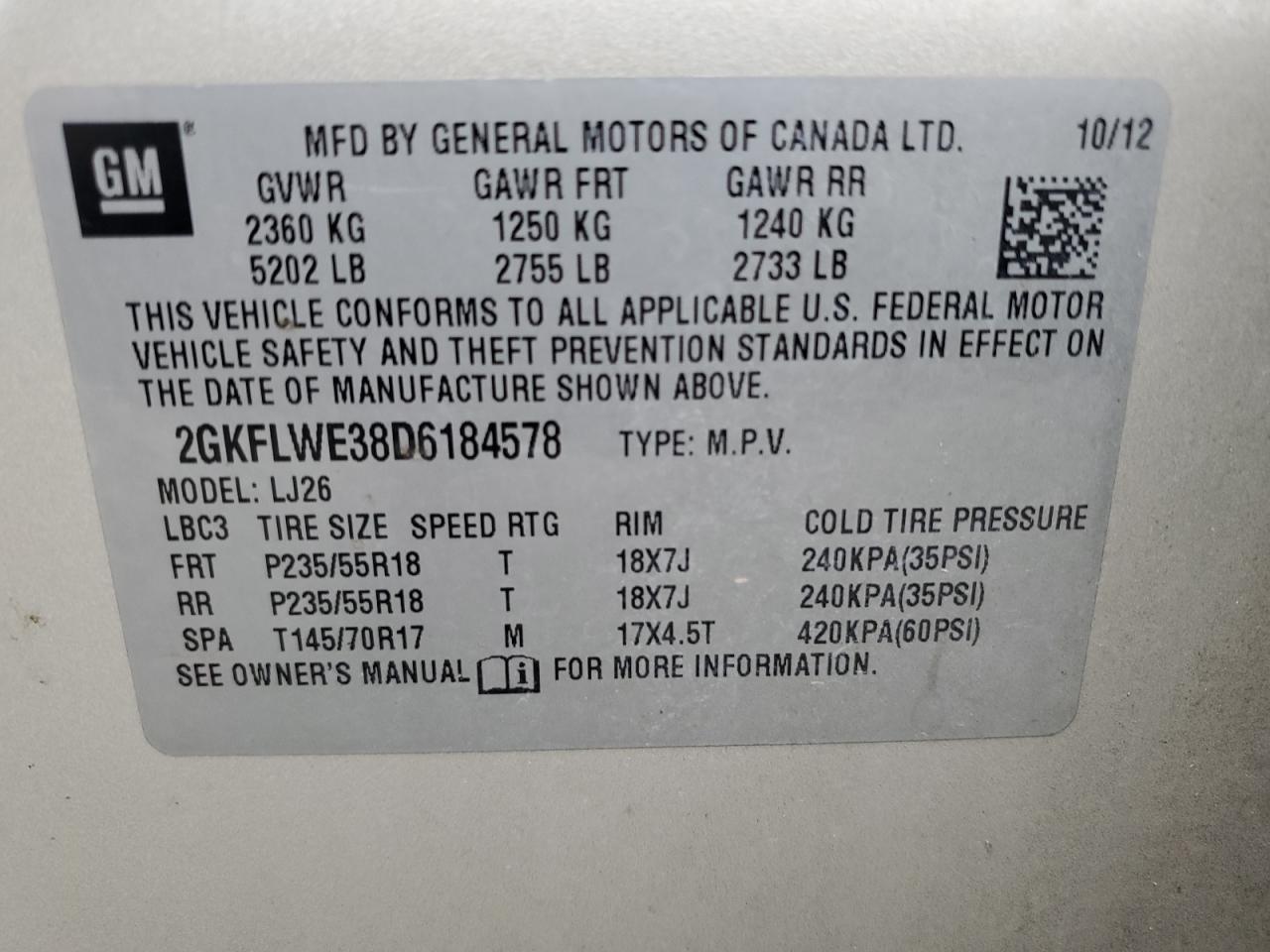 2013 GMC Terrain Slt VIN: 2GKFLWE38D6184578 Lot: 93467815