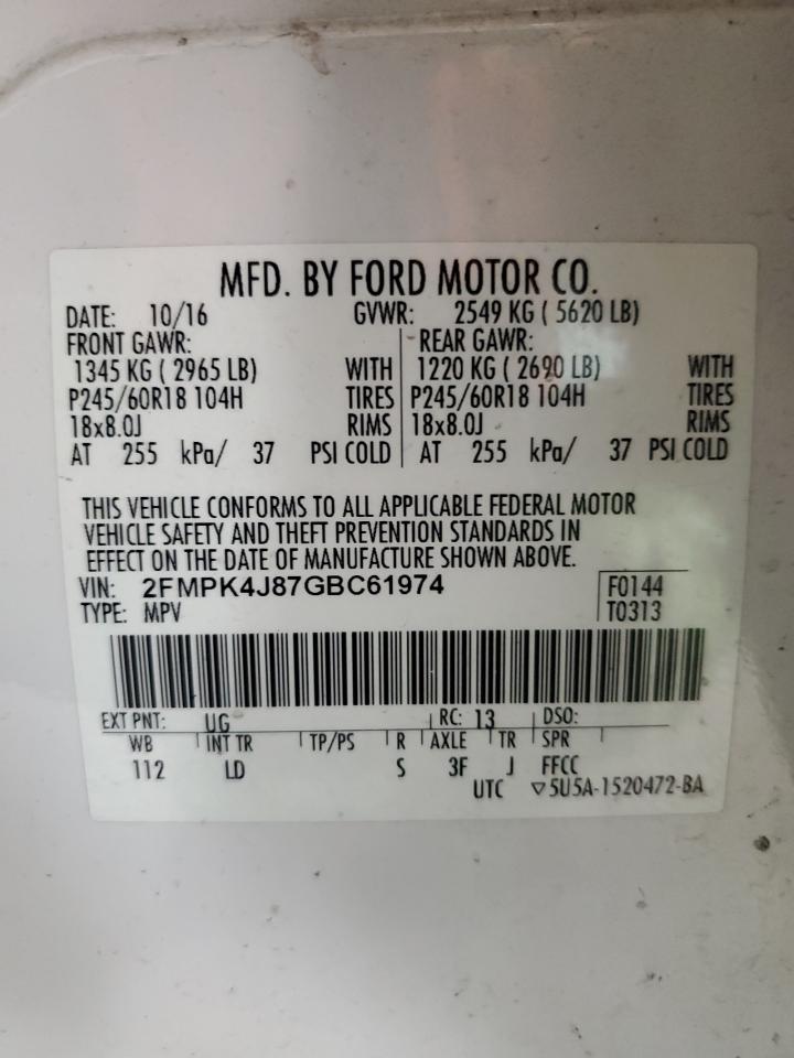 2016 Ford Edge Sel VIN: 2FMPK4J87GBC61974 Lot: 91343285