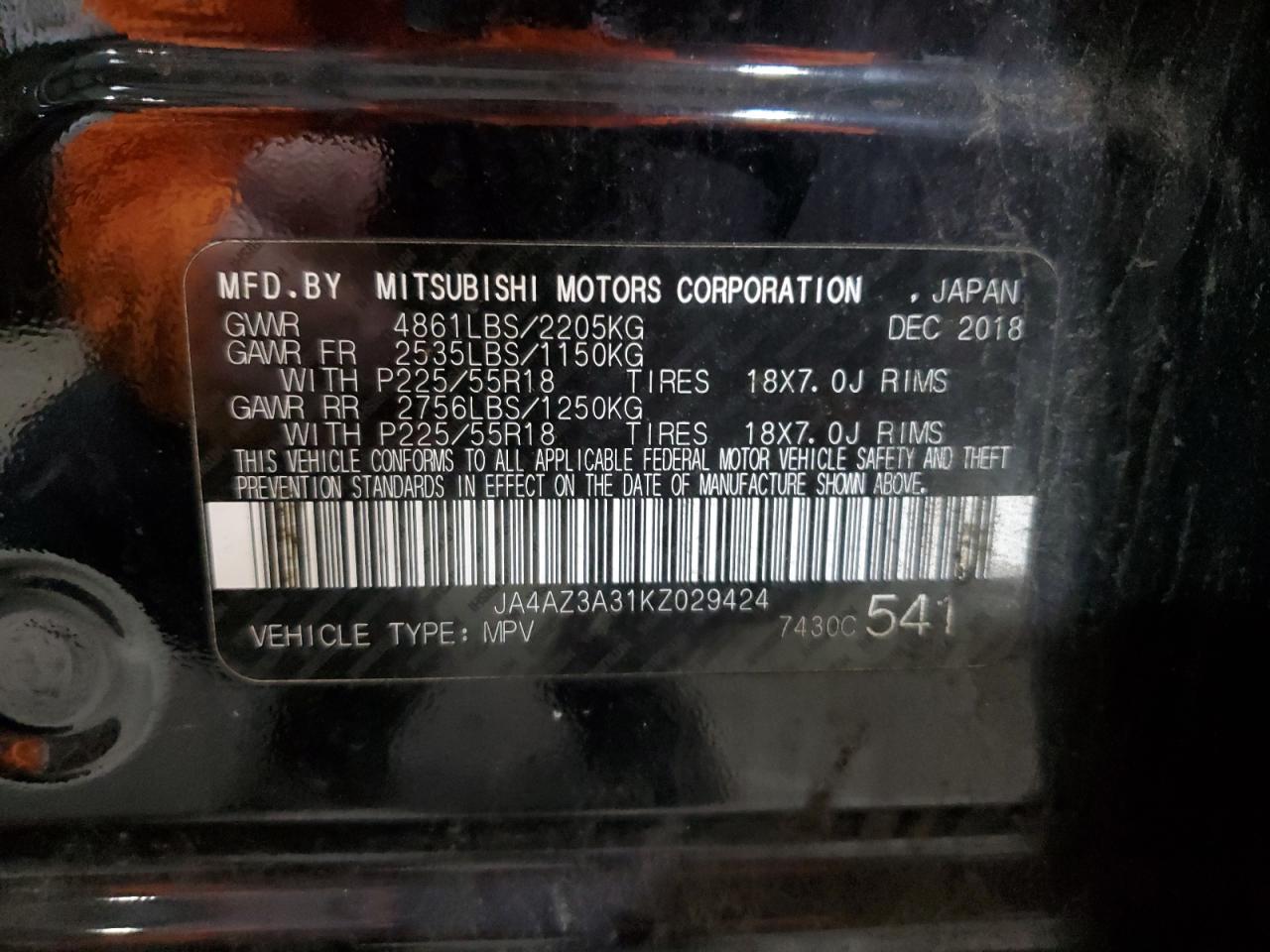 2019 Mitsubishi Outlander Se VIN: JA4AZ3A31KZ029424 Lot: 92362365