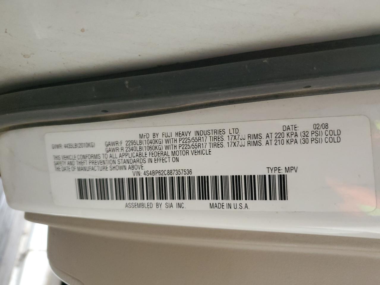 2008 Subaru Outback 2.5I Limited VIN: 4S4BP62C887357536 Lot: 91125665