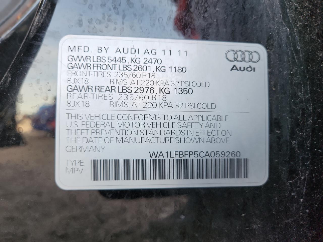 2012 Audi Q5 Premium Plus VIN: WA1LFBFP5CA059260 Lot: 91702675