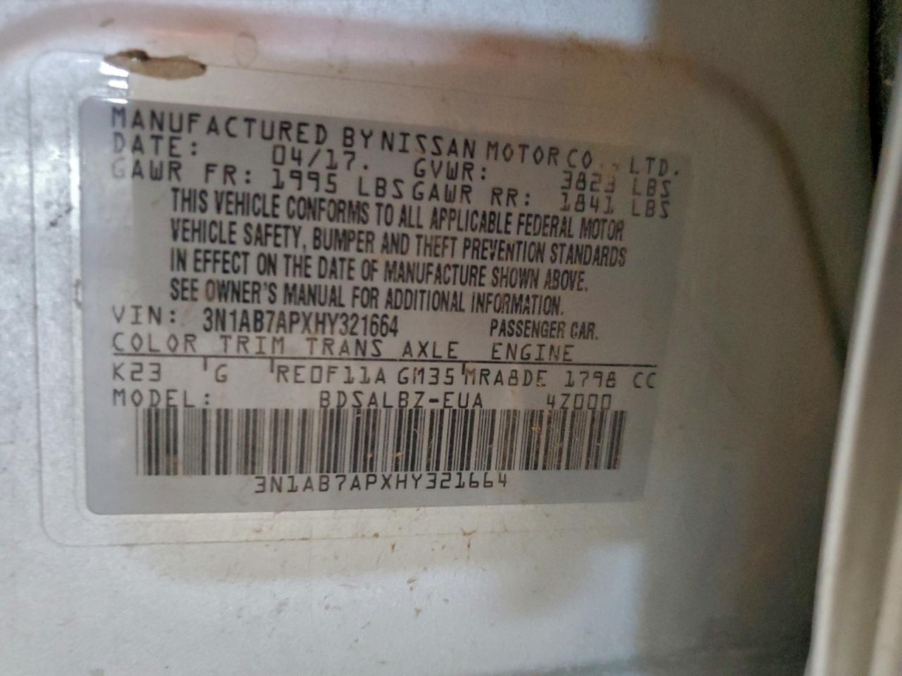 2017 Nissan Sentra S VIN: 3N1AB7APXHY321664 Lot: 92761855