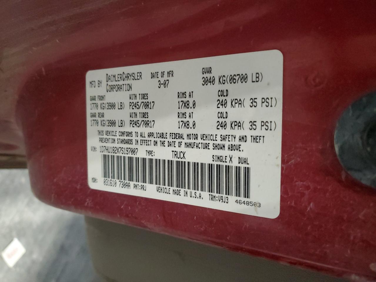 2007 Dodge Ram 1500 St VIN: 1D7HU182X7S197007 Lot: 91493325