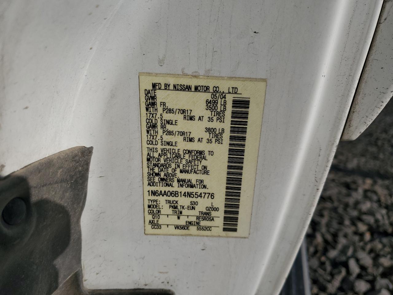 2004 Nissan Titan Xe VIN: 1N6AA06B14N554776 Lot: 92762645