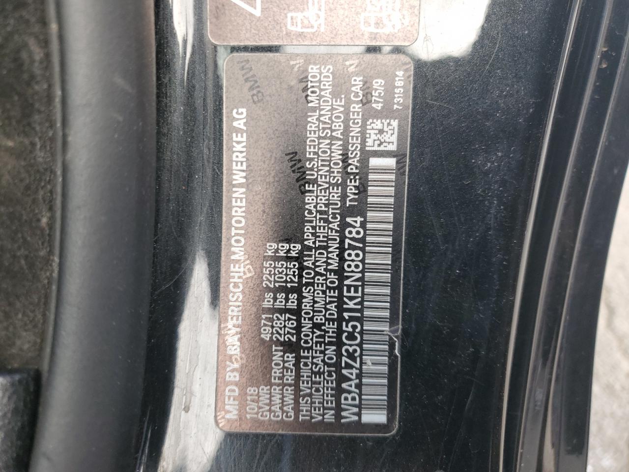 2019 BMW 430Xi VIN: WBA4Z3C51KEN88784 Lot: 92797385