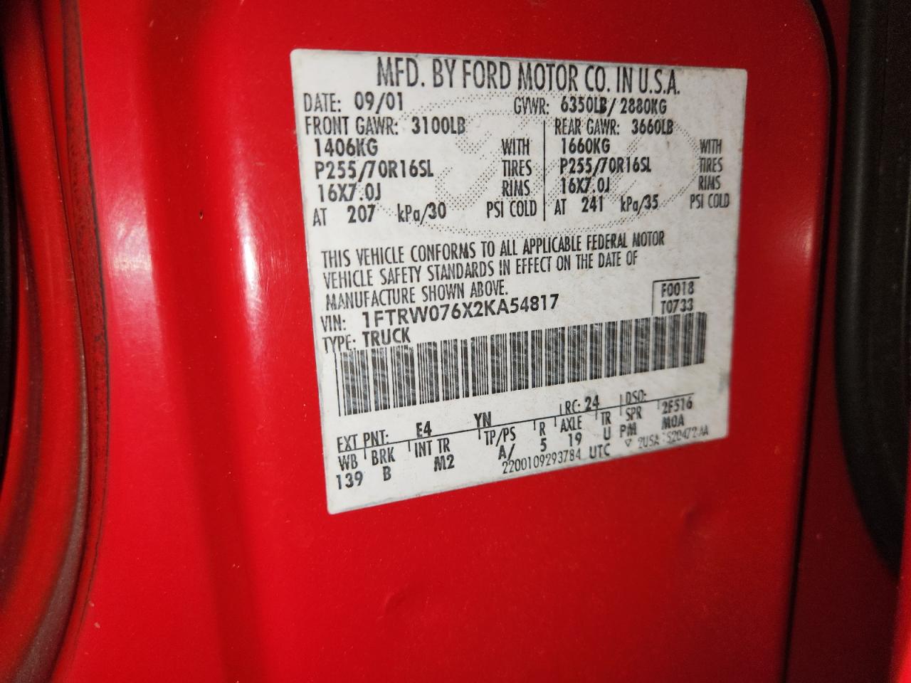 2002 Ford F150 Supercrew VIN: 1FTRW076X2KA54817 Lot: 93722605