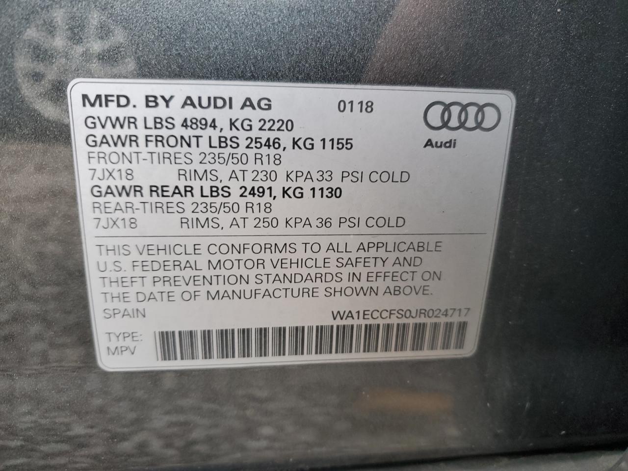 2018 Audi Q3 Premium VIN: WA1ECCFS0JR024717 Lot: 92992515