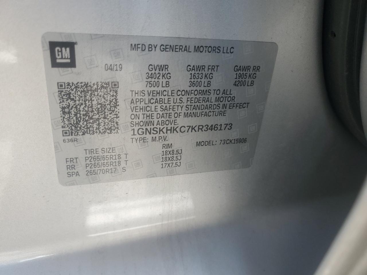 2019 Chevrolet Suburban K1500 Lt VIN: 1GNSKHKC7KR346173 Lot: 91059655