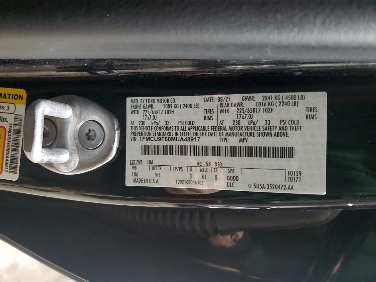 2021 Ford Escape S VIN: 1FMCU9F60MUA48917 Lot: 93255595