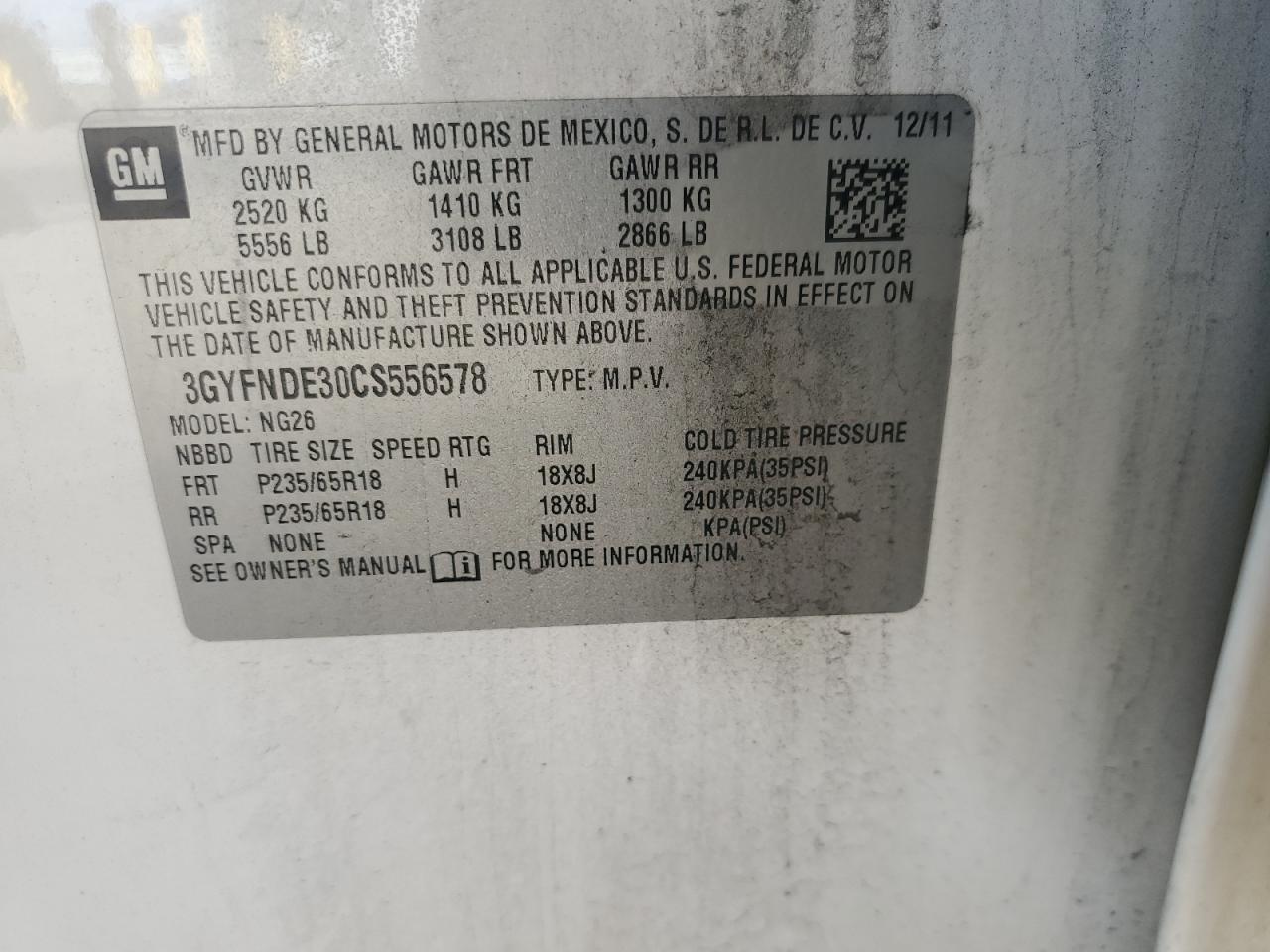 2012 Cadillac Srx Luxury Collection VIN: 3GYFNDE30CS556578 Lot: 93479305