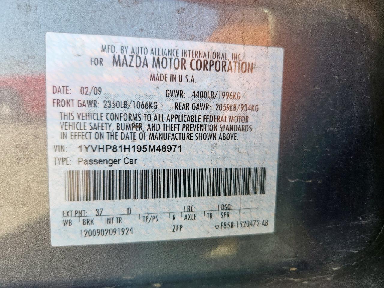 2009 Mazda 6 I VIN: 1YVHP81H195M48971 Lot: 93075535