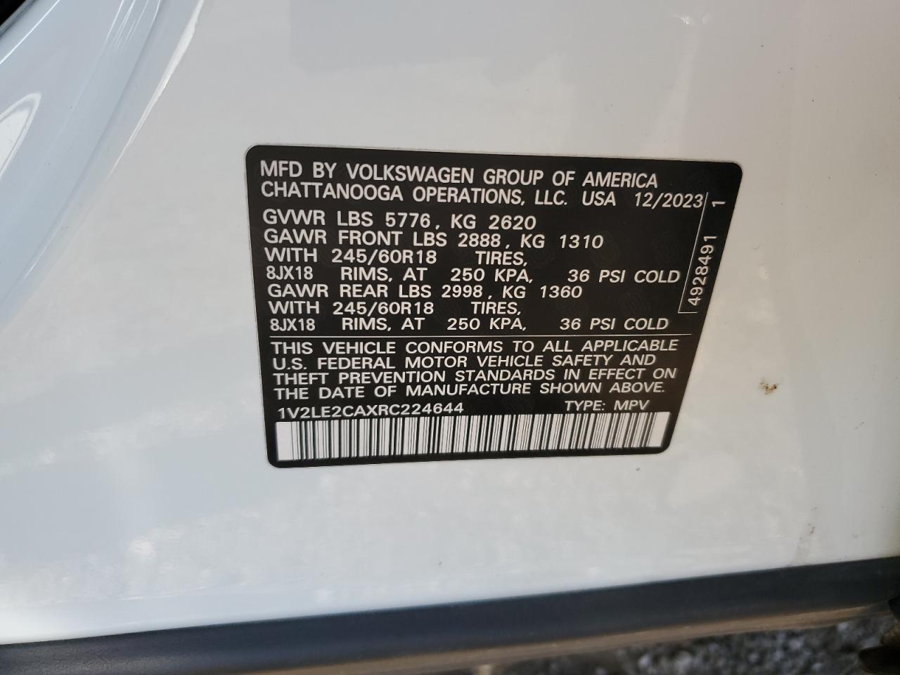 2024 Volkswagen Atlas Cross Sport Se VIN: 1V2LE2CAXRC224644 Lot: 91340165