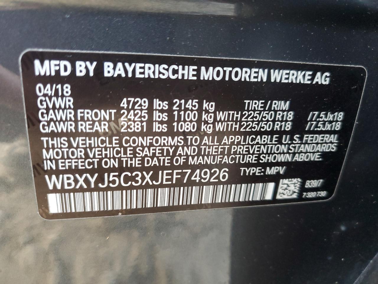 2018 BMW X2 xDrive28I VIN: WBXYJ5C3XJEF74926 Lot: 93175175