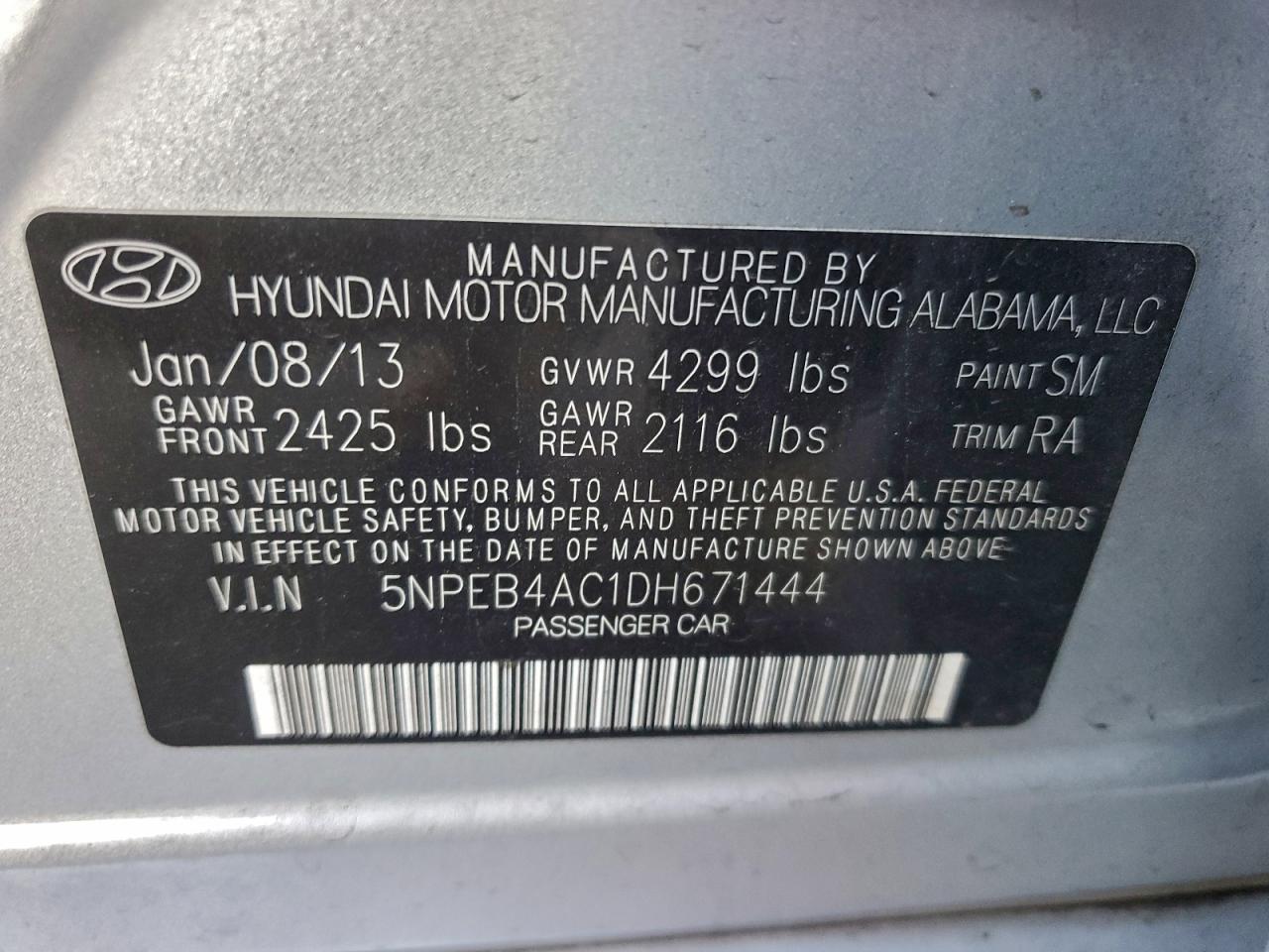 2013 Hyundai Sonata Gls VIN: 5NPEB4AC1DH671444 Lot: 94712285