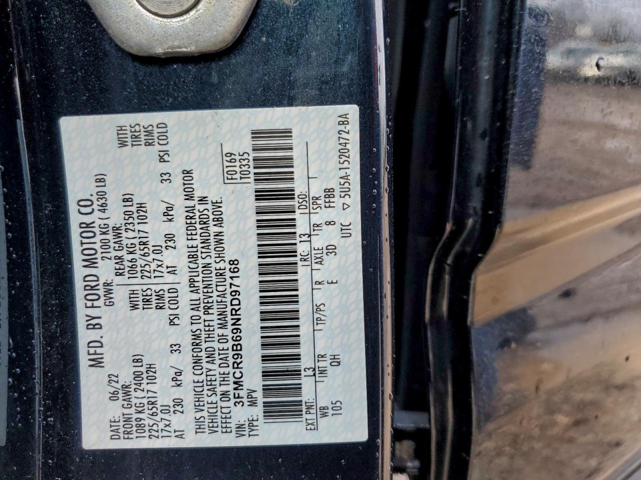 2022 Ford Bronco Sport Big Bend VIN: 3FMCR9B69NRD97168 Lot: 94762015