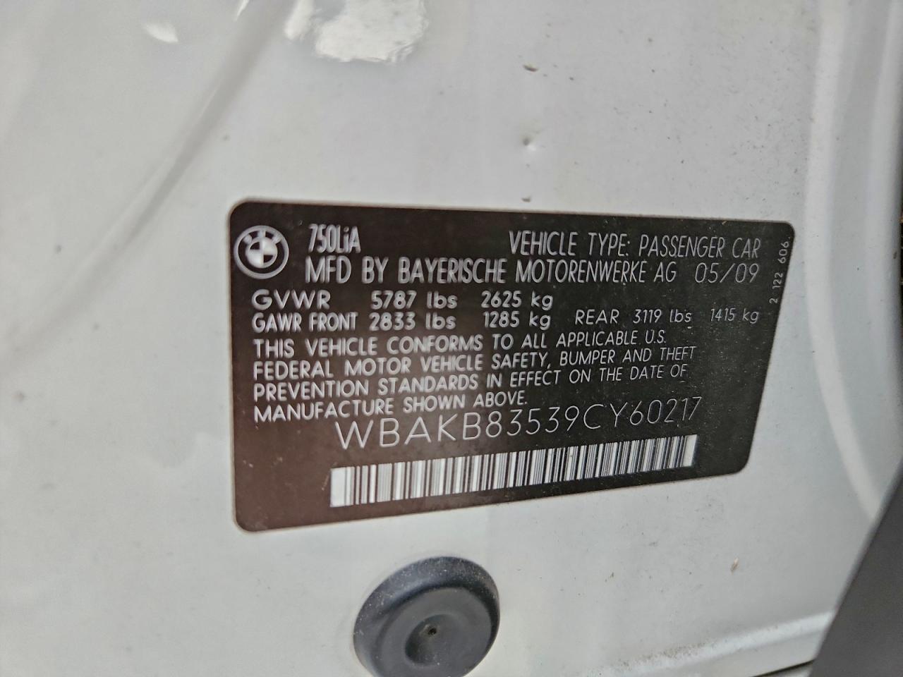 2009 BMW 750 Li VIN: WBAKB83539CY60217 Lot: 94380745