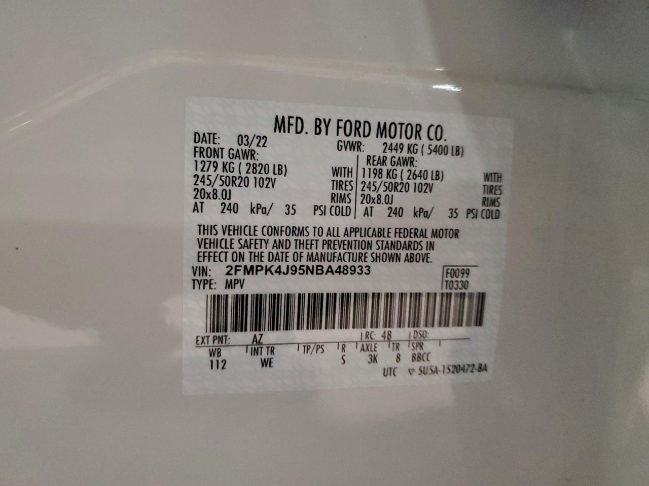 2022 Ford Edge Sel VIN: 2FMPK4J95NBA48933 Lot: 93771125