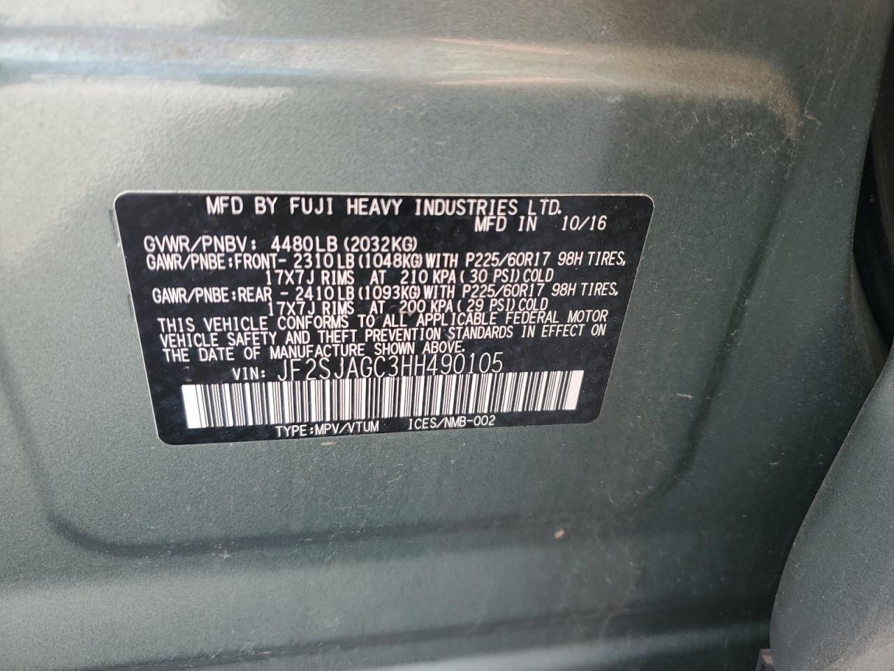 2017 Subaru Forester 2.5I Premium VIN: JF2SJAGC3HH490105 Lot: 92930145