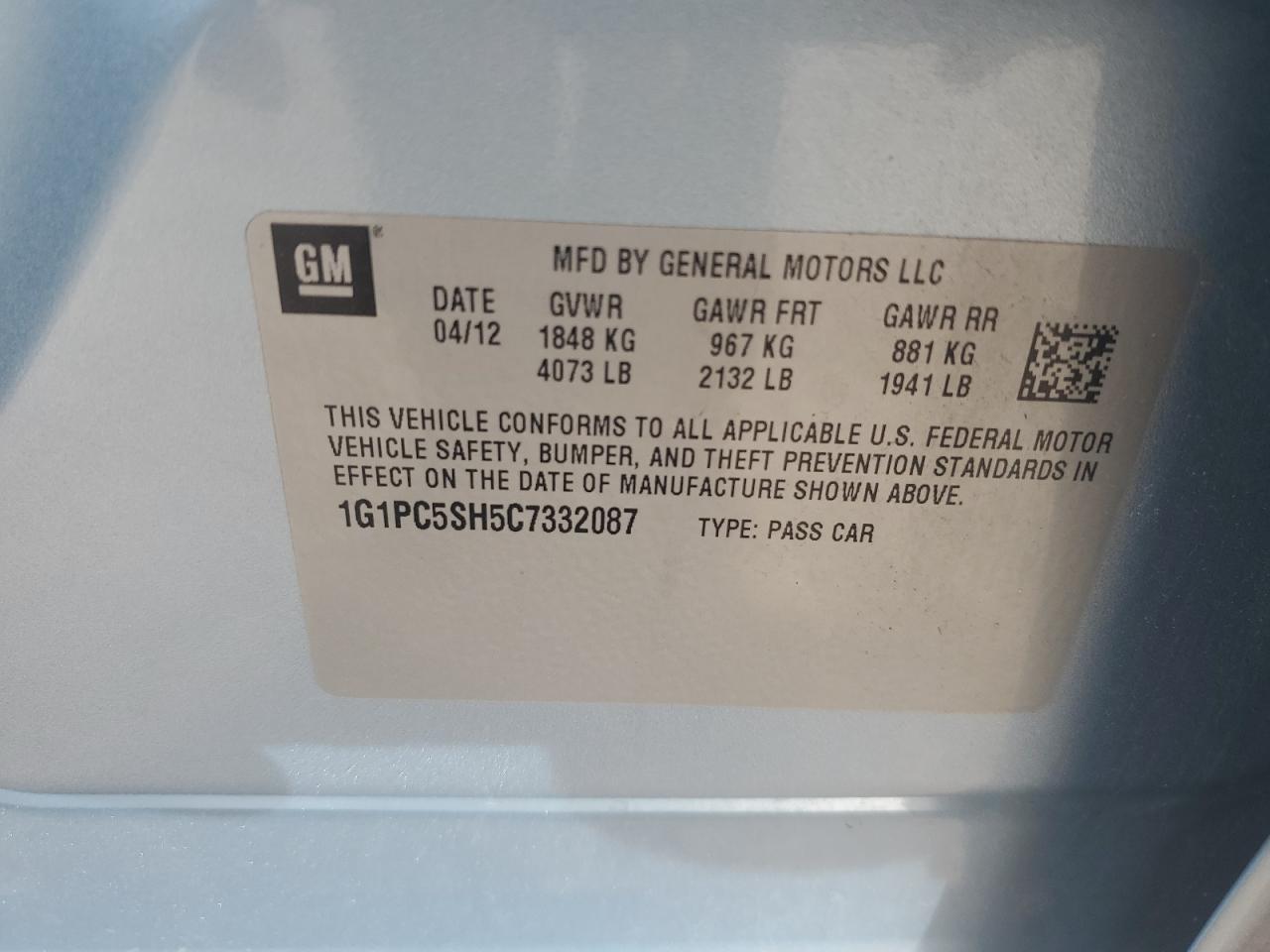 2012 Chevrolet Cruze Ls VIN: 1G1PC5SH5C7332087 Lot: 91507825