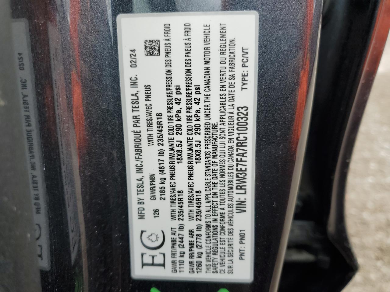 2024 Tesla Model 3 VIN: LRW3E7FA7RC100323 Lot: 91702435