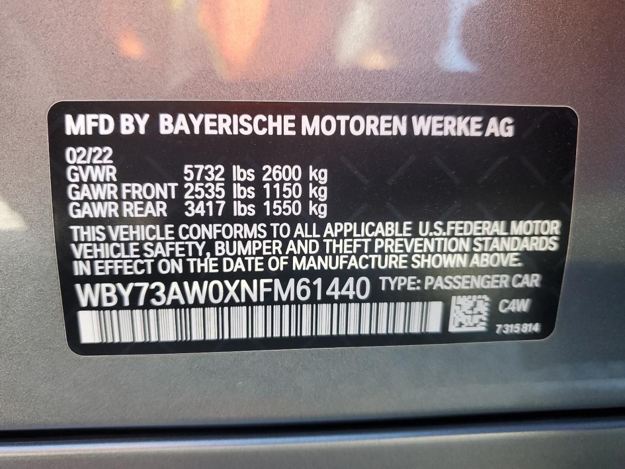 2022 BMW I4 Edrive 40 VIN: WBY73AW0XNFM61440 Lot: 91216535