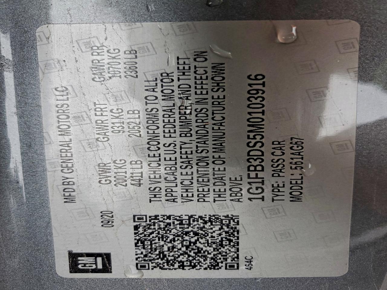 2021 Chevrolet Camaro Ls VIN: 1G1FB3DS5M0103916 Lot: 93423185