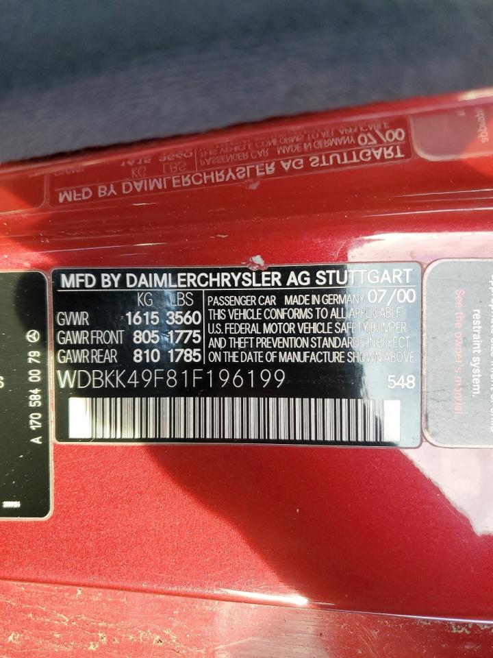 2001 Mercedes-Benz Slk 230 Kompressor VIN: WDBKK49F81F196199 Lot: 92805605