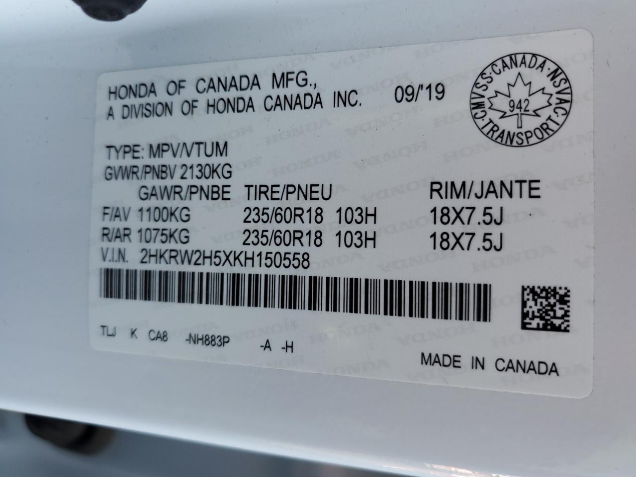 2019 Honda Cr-V Ex VIN: 2HKRW2H5XKH150558 Lot: 93612415