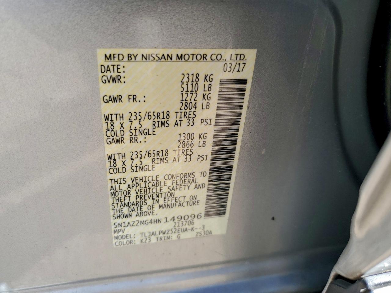 2017 Nissan Murano S VIN: 5N1AZ2MG4HN149096 Lot: 94916825