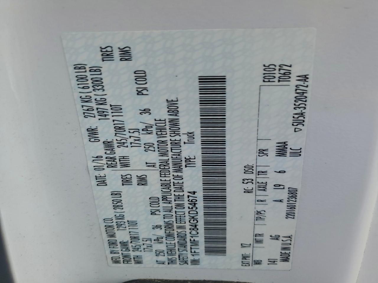 2016 Ford F150 VIN: 1FTMF1C84GKD54674 Lot: 94169775