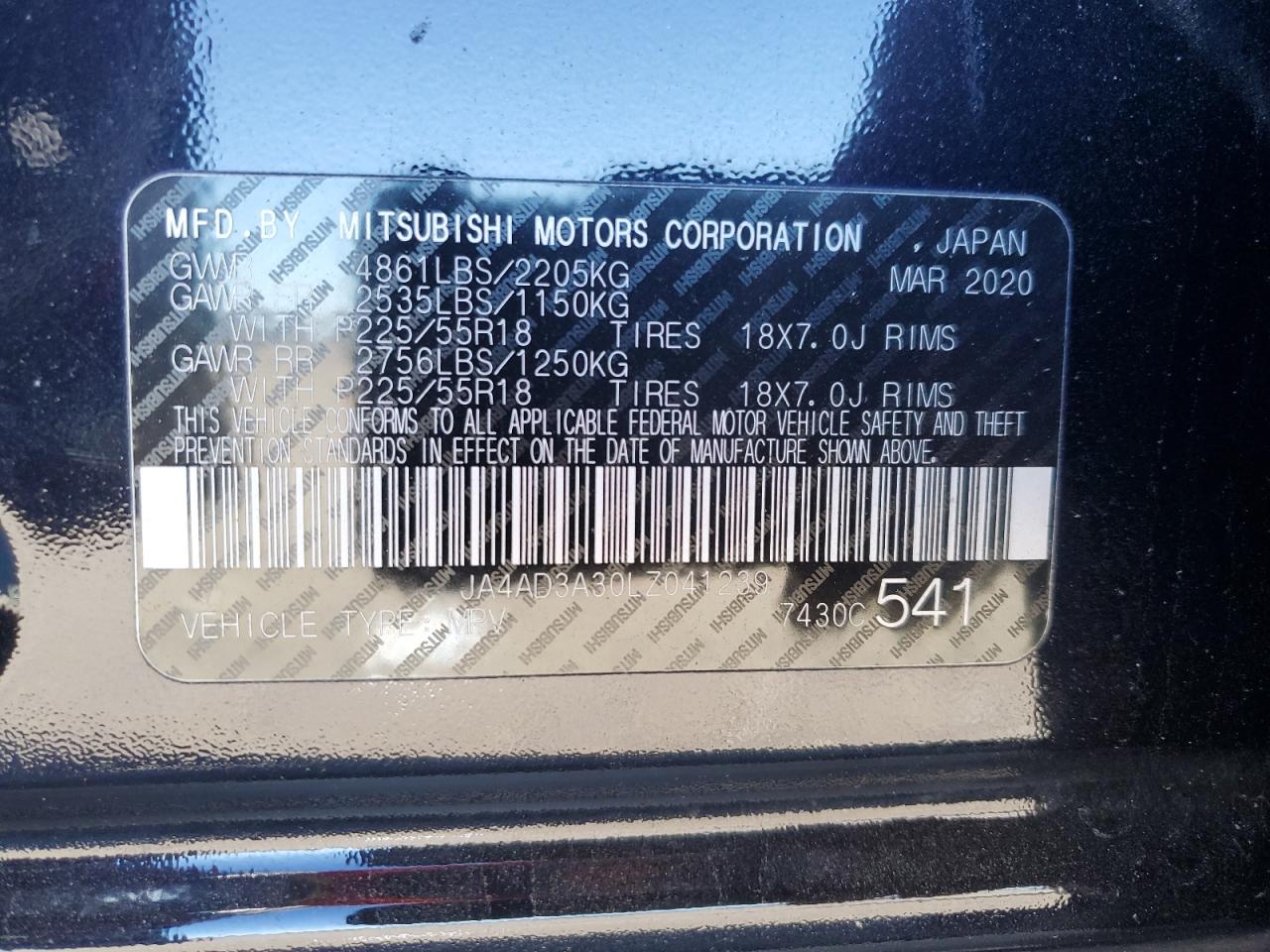 2020 Mitsubishi Outlander Se VIN: JA4AD3A30LZ041239 Lot: 93104515