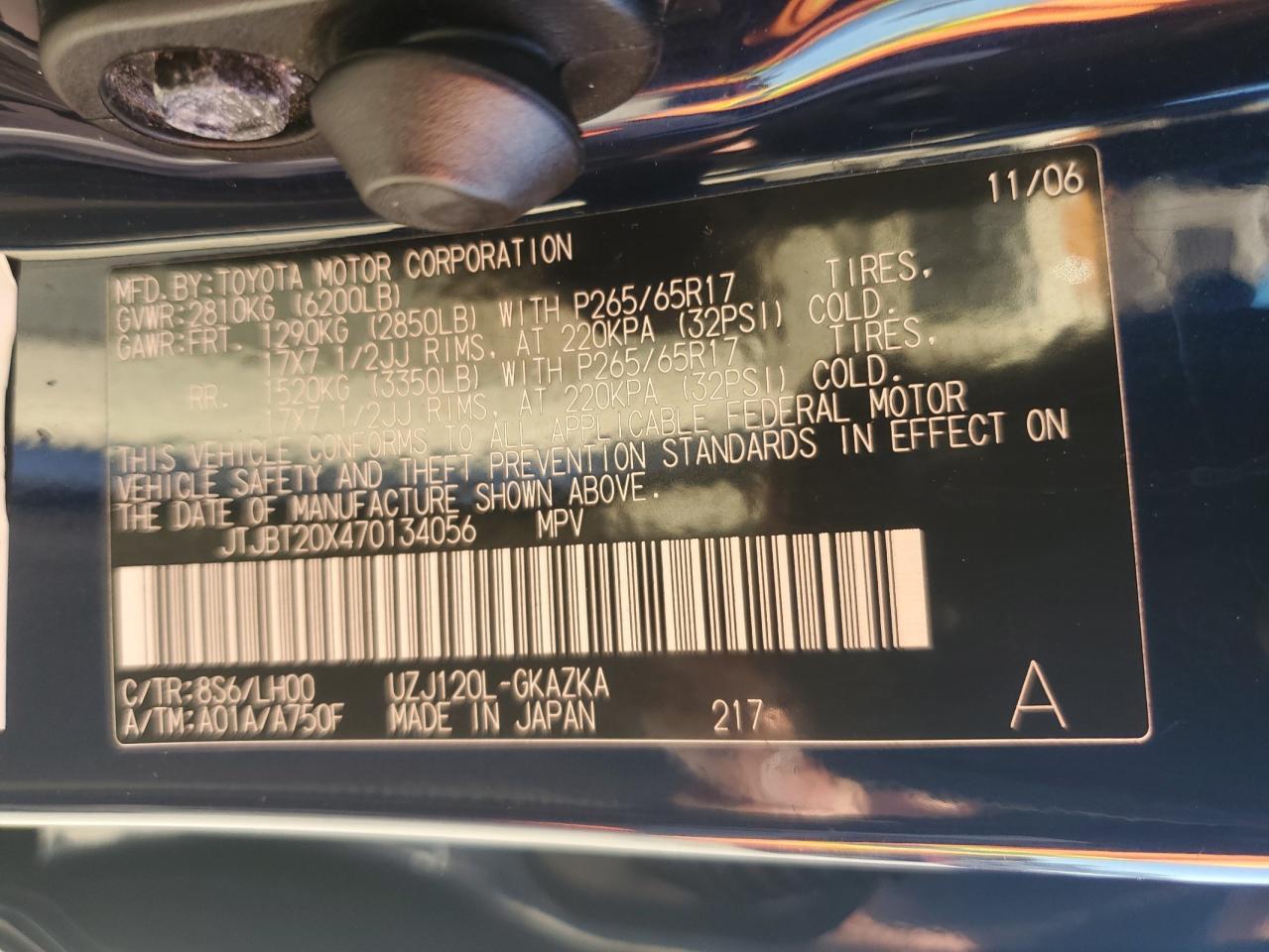 2007 Lexus Gx 470 VIN: JTJBT20X470134056 Lot: 91801195