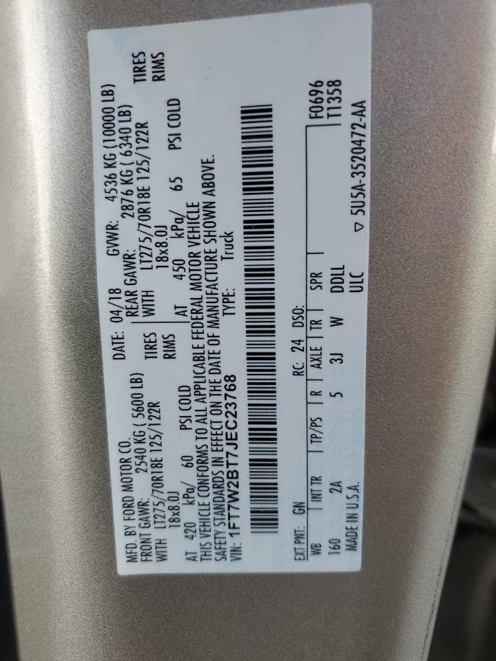 2018 Ford F250 Super Duty VIN: 1FT7W2BT7JEC23768 Lot: 93631515