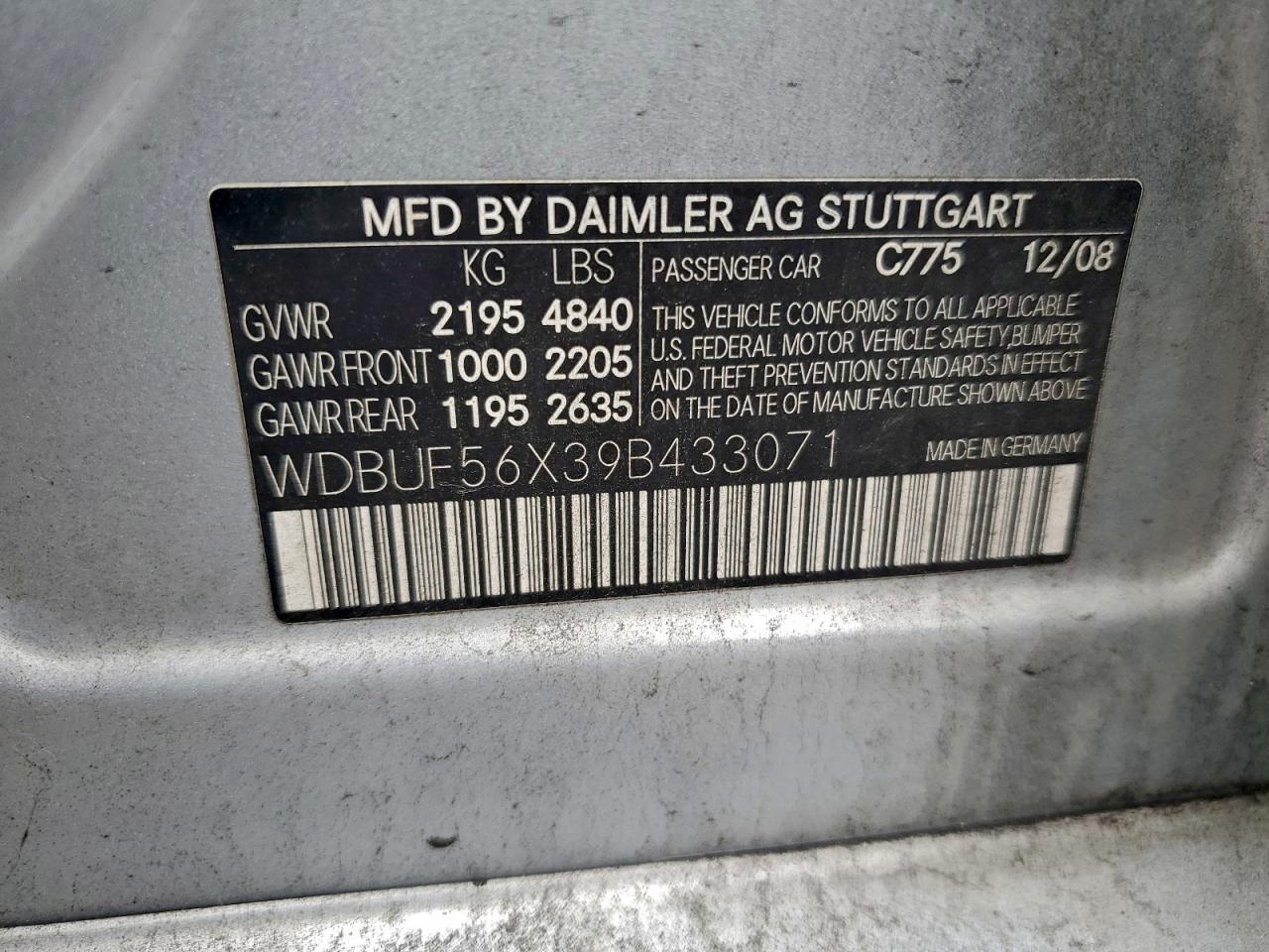 2009 Mercedes-Benz E 350 VIN: WDBUF56X39B433071 Lot: 94453175