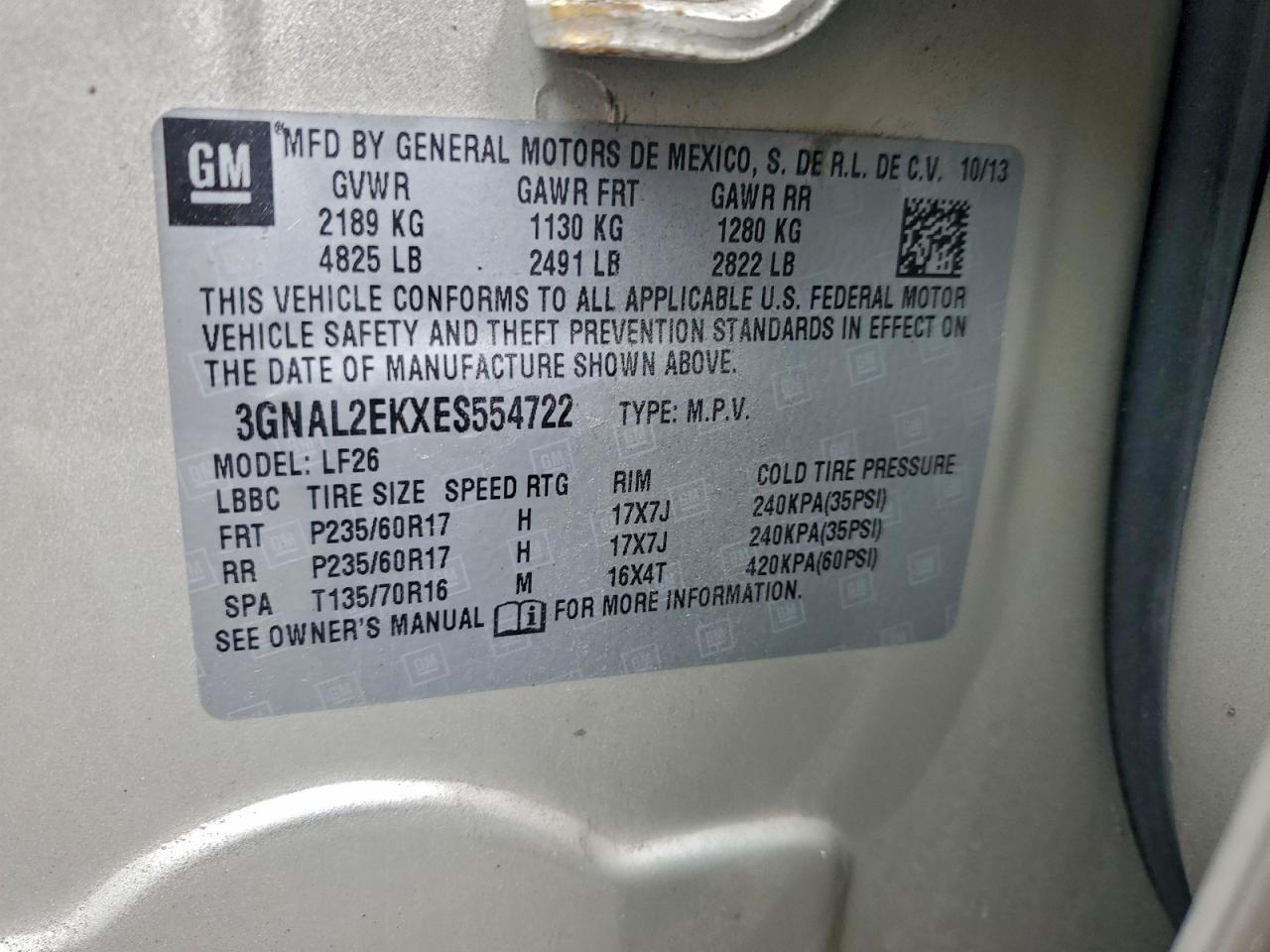 2014 Chevrolet Captiva Ls VIN: 3GNAL2EKXES554722 Lot: 93891085