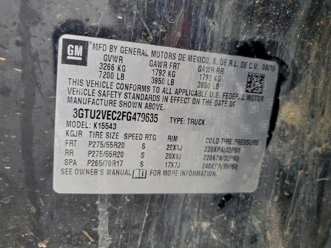 2015 GMC Sierra K1500 Slt VIN: 3GTU2VEC2FG479635 Lot: 93186925