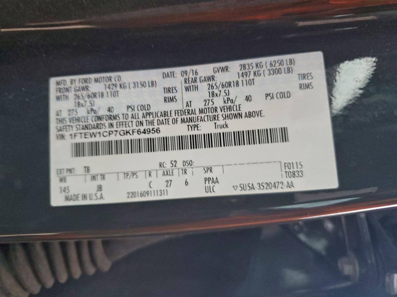 2016 Ford F150 Supercrew VIN: 1FTEW1CP7GKF64956 Lot: 94133175